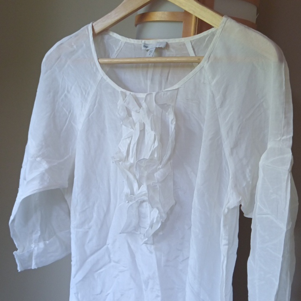 Ptp19" GAP White Silk+Cotton Drop Shoulder Ruffled Bib Collar Blouse